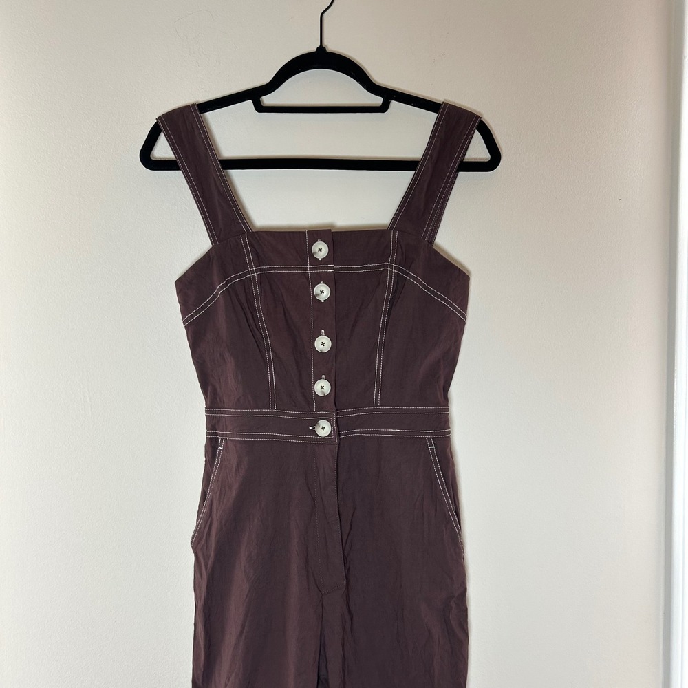 Maeve Anthropologie Colette Jumpsuit Brown Contrast Stitch Wide Leg Button ‎ 4 - Picture 3 of 9